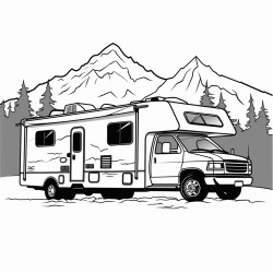 a camper towed by a truck with mountains in the background