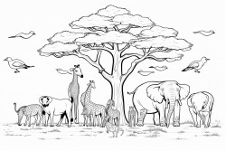 an african safari scene with 12 animals and 2 baobab trees