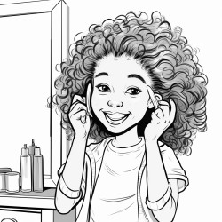 african american kid girl combing her hair in the mirror  smiling in cartoonist style