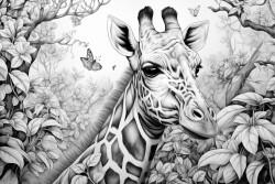 a giraffe feeding on leaves in the jungle while birds are flying up in the sky