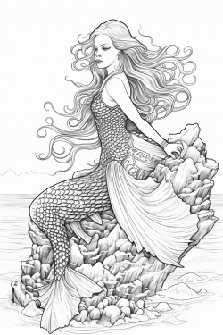 a mermaid sitting on a rock in the ocean