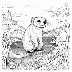this is a whimsical cartoon scene featuring a weasel the creature is surrounded by a forest backdrop