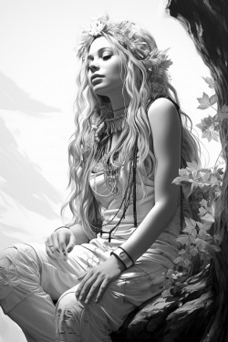 a beautiful boho woman in a zen environment side view