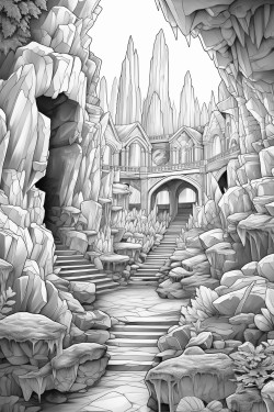 fancy cave of huge crystals black and white coloring book page for adults outlines only white background