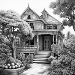 greyscale house made out of fruit