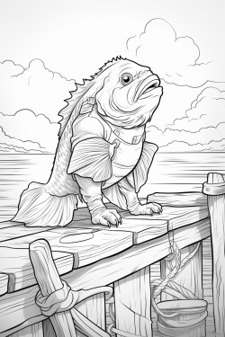 a cat sitting on a dock at sunset fishing with a fishing pole the fish in the water are glowing and the sky looks like the sun is setting