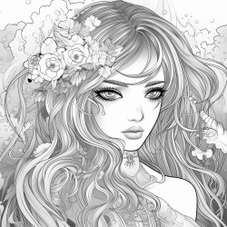 greyscale adult coloring page with manga woman with long hair