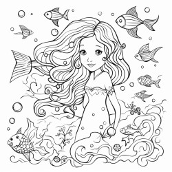 a mermaid swimming through a galaxy filled with colorful fish and sea creatures