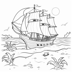 treasure in a beach with pirate boats sailing in a lake behind
