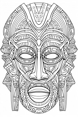 highly detailed african mask no shading or coloring fine linework