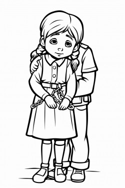 a poor girl that is held hostage by a soldier the girl has her hands tied behind her back and a tape on her mouth