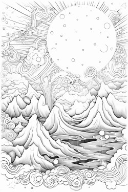 une image  colorier en noir et blanc dun paysage venant dun univers fantastique de leau la lune et des nuages