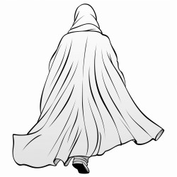 cloaked person walking into the wind viewed as a long shot from behind
