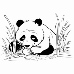 panda sleeping wile others eating grass