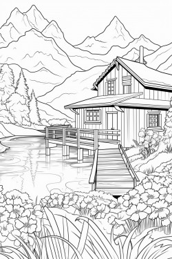 a hours in switzerland landscape with a quaint stone house surrounded by flowers wooden dock extending into a lake
