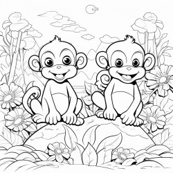 smiling monkeys in paradise next to the beautiful forest with flowers