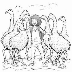 a young man with long hair surrounded by dancing ostriches