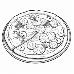 black and white coloring book drawing only thick outlines no grayscale for children in cartoon style pizza with toppings