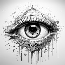 an eye with a cool design surrounding it and splatter marks tattoo