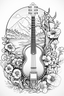 image of a banjo in a coloring book page
