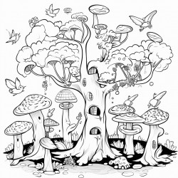 a magical forest with fairies flying among the trees