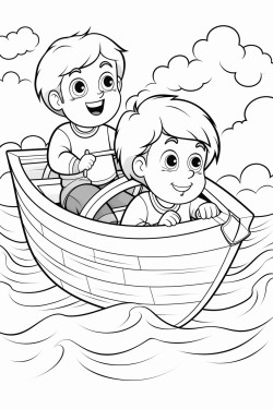 worried boys working in a big boat with a big storm
