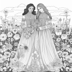 two brides in a field of flowers