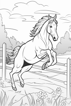 create a drawing of a beautiful horse jumping over an obstacle in a green meadow capture the horses dynamic posture in midair with a background of trees flowers and a blue sky use a light and colorful style with clear outlines to convey joy and freedom