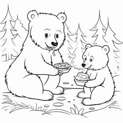 bear eat honey in forest with fox