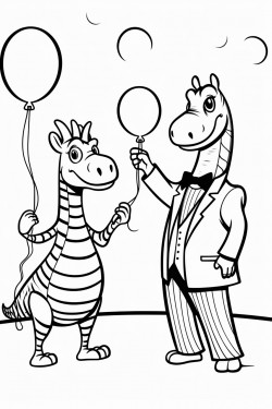 a dancing zebra holding balloons with a dancing alligator at a tea party in a simple coloring book style
