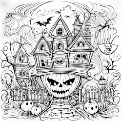haunted house with halloween things around it in a storm and words that say happy stormoween