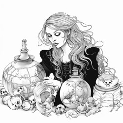 a beautiful witch handling potions  black and white no color