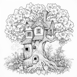 house in a tree with flowers