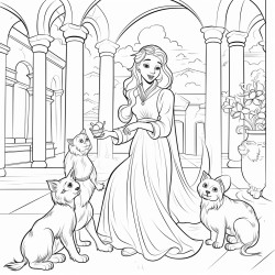 a scene of the princess playing with her cat and dog in the palace courtyard