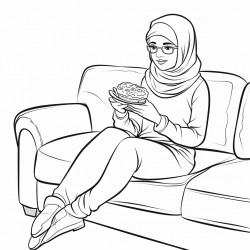 beautiful hijabi sitting on a couch having a donut in casual clothinh jeans