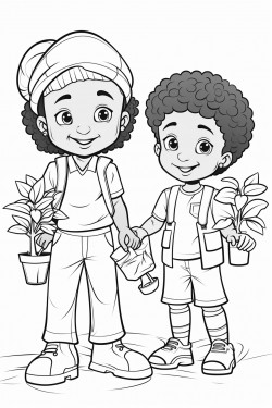 professional sketch drawing of african boy and a girl chlid planting trees in the forest for coloring book coloring page
