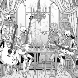 a skeletal band performing in a haunted tavern with intricate instruments and gothic decor