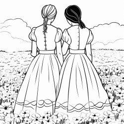 the backs of two brides in a field of flowers