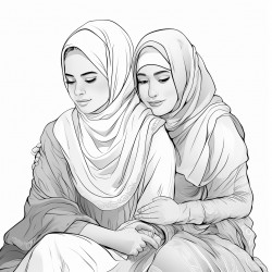 2 beautiful hijabi girls wearing flowing dresses sitting one girl has her head on the other girls shoulder