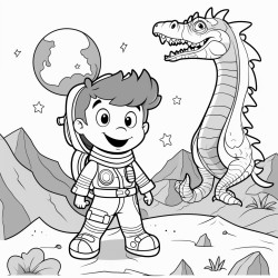 a brave astronaut exploring a mysterious planet with a giant dragon