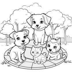 cute dogs and cat playing in the park coloring book for toddlers