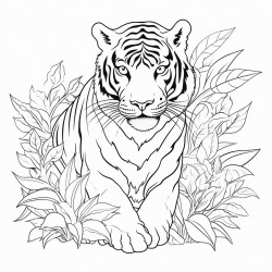 big tiger with tropical leaves or flowers