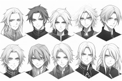 10 different male anime characcters without colour or shade