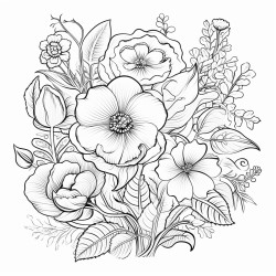 a bloom of intricate botanical flowers with complex designs and patterns in a white outline style