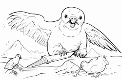 baby chicken with knife in its hand chases walrus