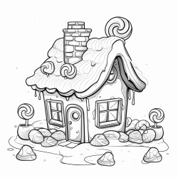 a cute gingerbread house with candy decorations and a gumdrop pathway christmas stockings