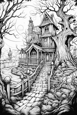 a jar with a haunted house spooky trees gravestones bats a crooked fence