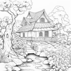 wellwatered garden with cherry blossom in the background and a cottage
