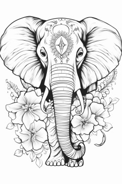elephant zentangle art with flowers on the side