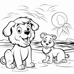 a lion and a dog playing with a butterfly in the beach